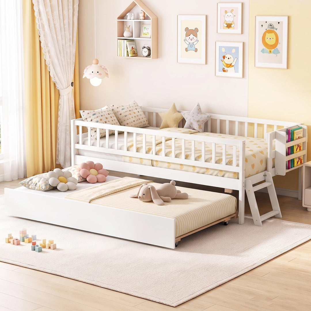 GIANTEX Trundle Bed Twin Size with Bookshelf | 2-Step Ladder for Kids