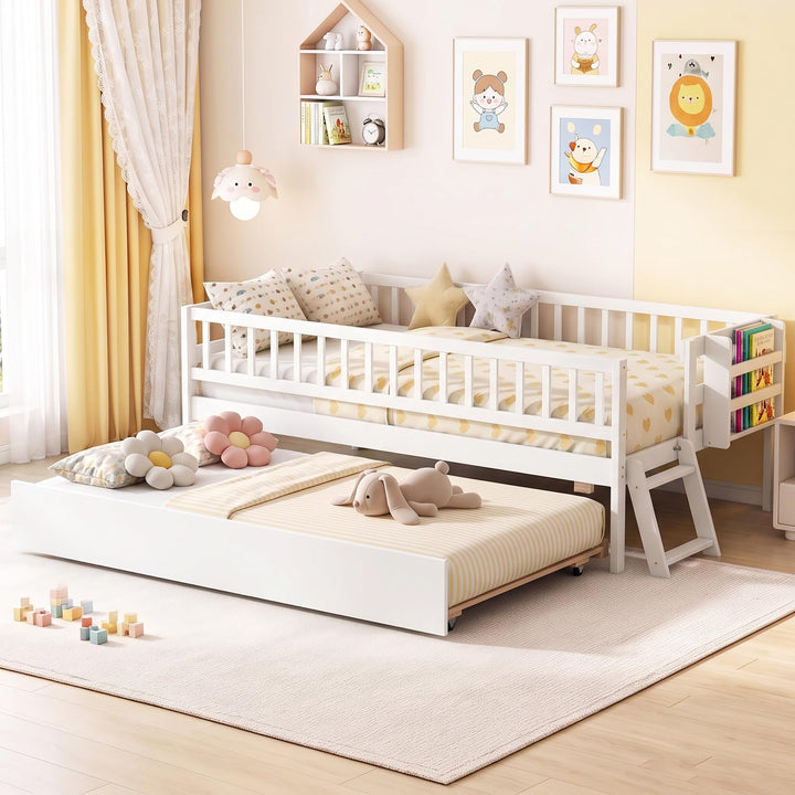 GIANTEX Trundle Bed Twin Size with Bookshelf | 2-Step Ladder for Kids