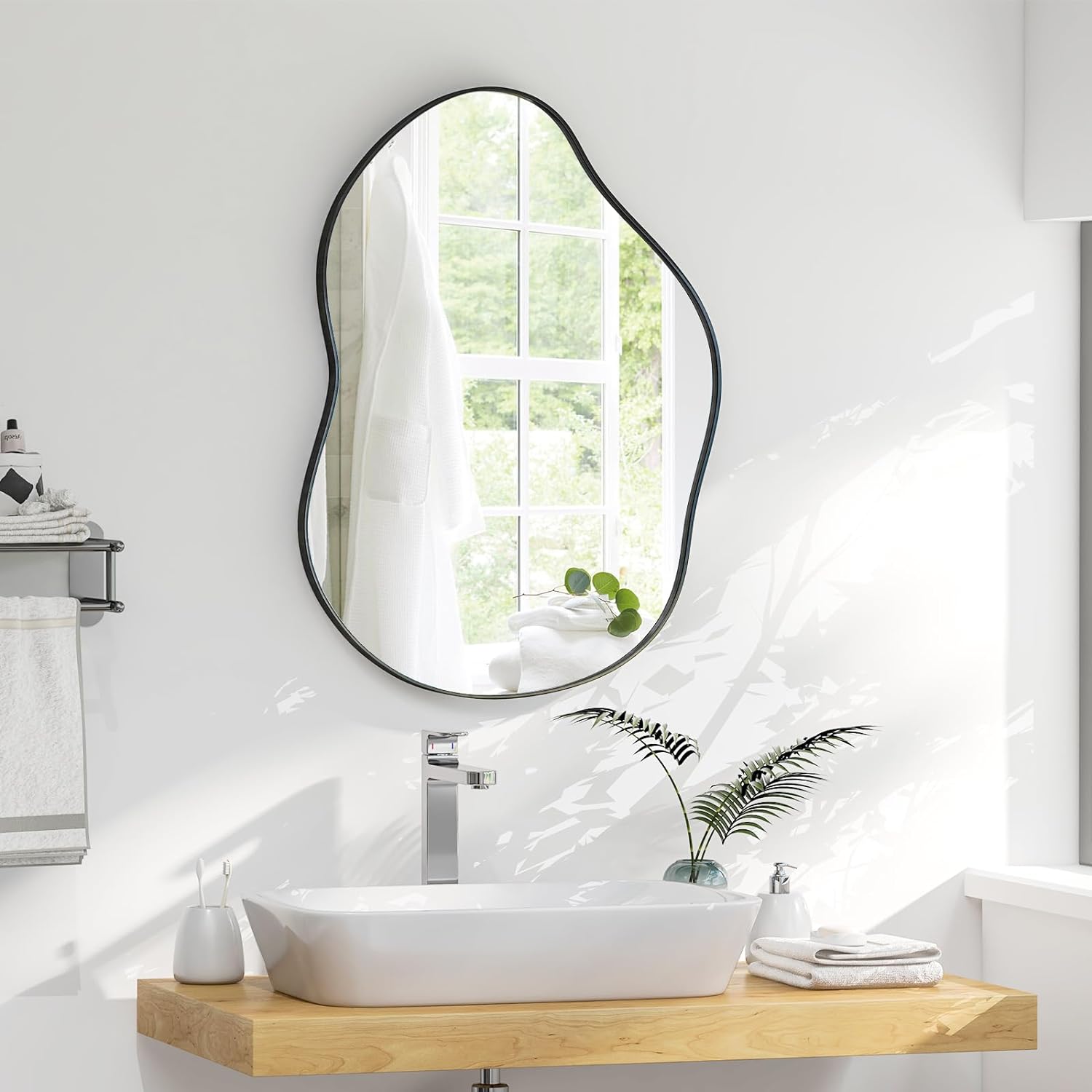 CHARMAID Irregular Wall Mirror, Asymmetrical Mirror Wall Mounted with Metal Frame and Wood Back Broad