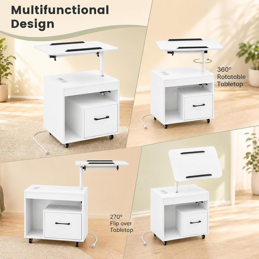 GIANTEX LED Nightstand with Charging Station, Rolling Bedside Table