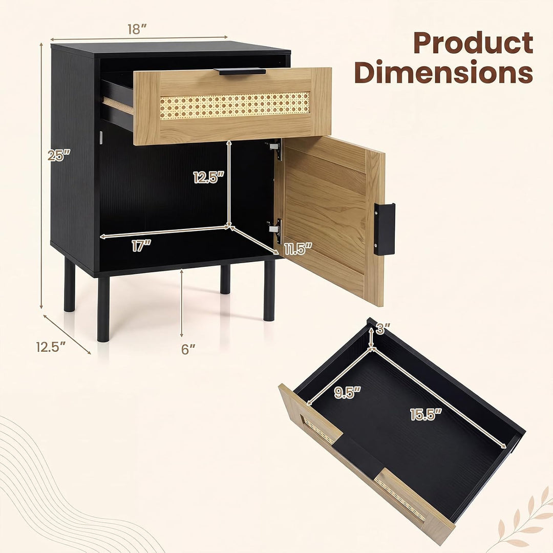 GIANTEX Rattan Nightstand with Drawer &amp; Cabinet, End Table