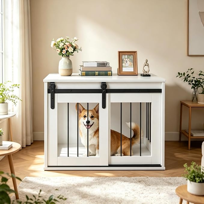 GIANTEX 31.5" Dog Crate Furniture with Sliding Barn Door, Wooden Dog Kennel | Heavy Duty Wood Pet Cage End Side Table