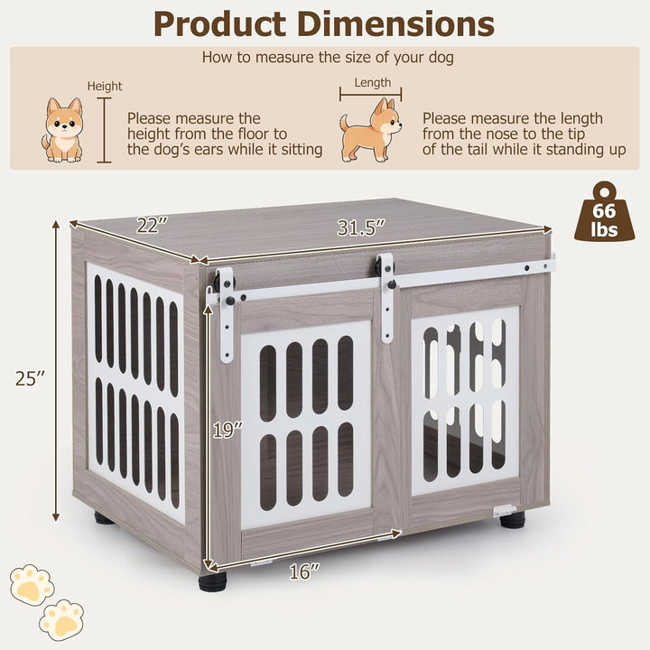 GIANTEX 31.5" Dog Crate Furniture with Barn Door for Small Medium Dogs | Farmhouse Wooden Dog Kennel