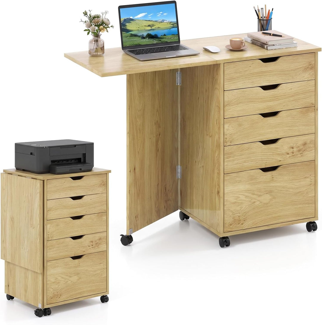 GIANTEX 5-Drawer Wood Drawer Cabinet Folding Desk with Wheels