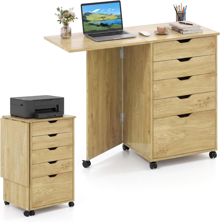 GIANTEX 5-Drawer Wood Drawer Cabinet Folding Desk with Wheels
