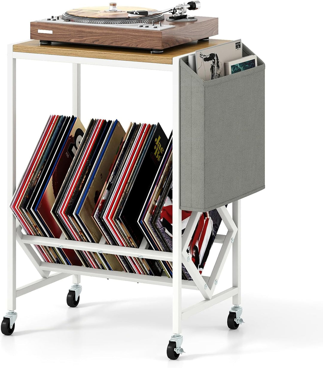 Giantex Rolling Record Player Stand 2-Tier with Vinyl Storage and Magazine Holder Bag