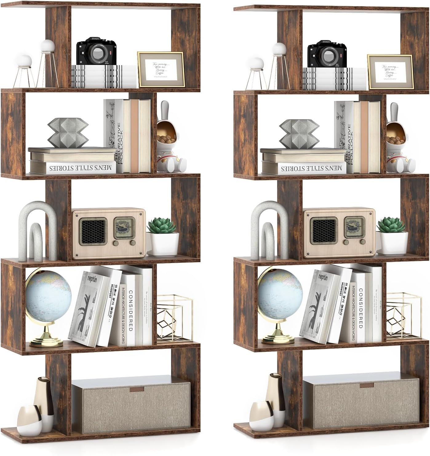 Giantex 5-Tier Geometric Bookshelf, 62.5" Tall Wood S-Shaped Bookcase with Anti-Tipping Device