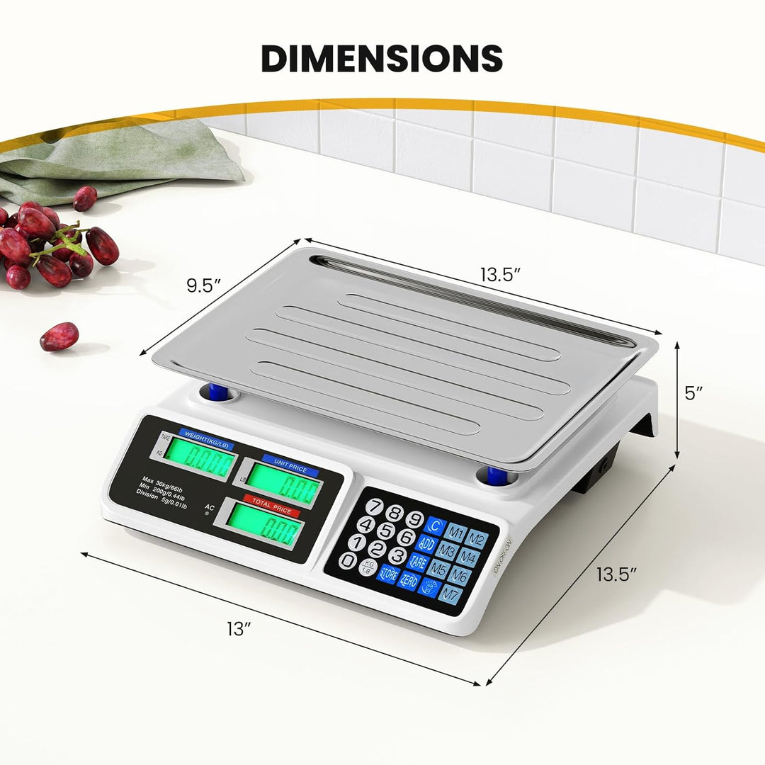 Price Computing Scale 66 lb/30 kg, Rechargeable Commercial Food Scale with Dual LCD Display