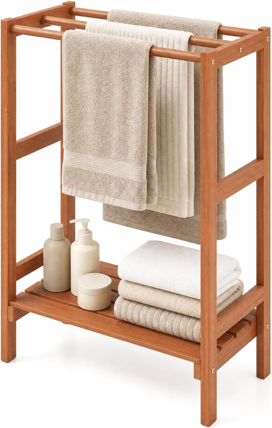GIANTEX 3-Bar Wood Towel Rack Freestanding with Bottom Storage Shelf | Wooden Towel Drying Stand