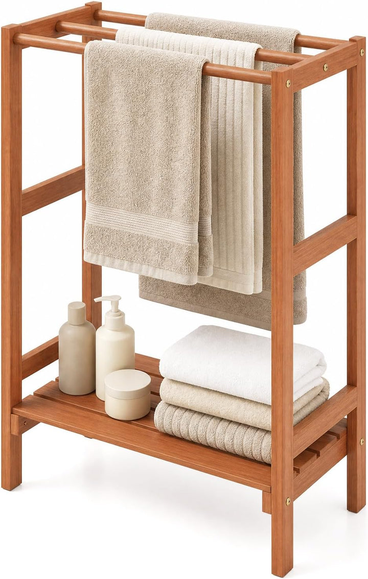 GIANTEX 3-Bar Wood Towel Rack Freestanding with Bottom Storage Shelf | Wooden Towel Drying Stand