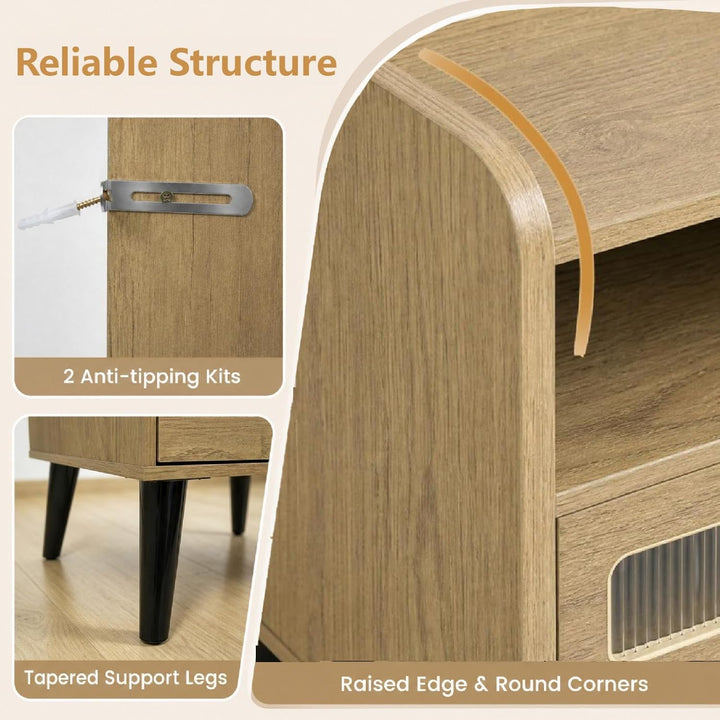 GIANTEX Fluted Nightstand with Charging Station &amp; LED Lights