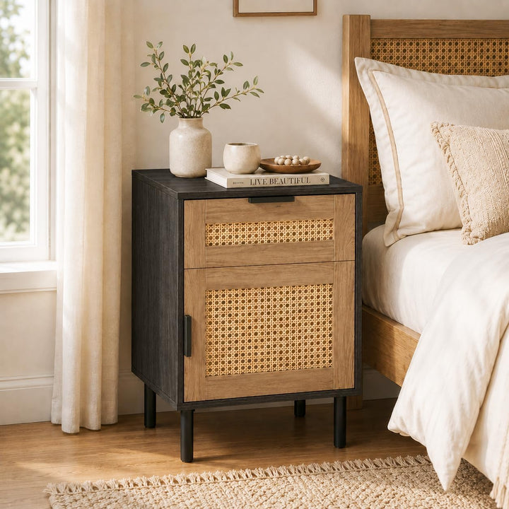 GIANTEX Rattan Nightstand with Drawer &amp; Cabinet, End Table
