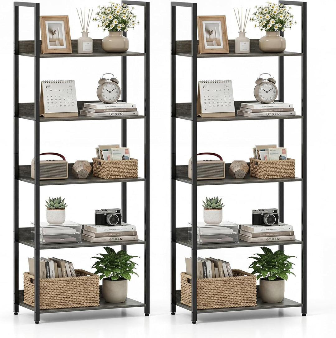 Giantex 5-Tier Tall Wooden Open Bookcase with Back Panels &amp; Metal Frame (1/2)
