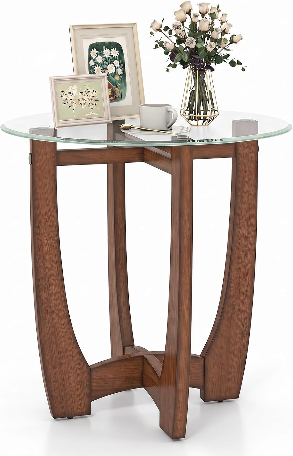 Giantex Glass End Table, Round Side Table with Rubber Wood Frame &amp; Tempered Glass Top, 23.5" Small Black Coffee Table
