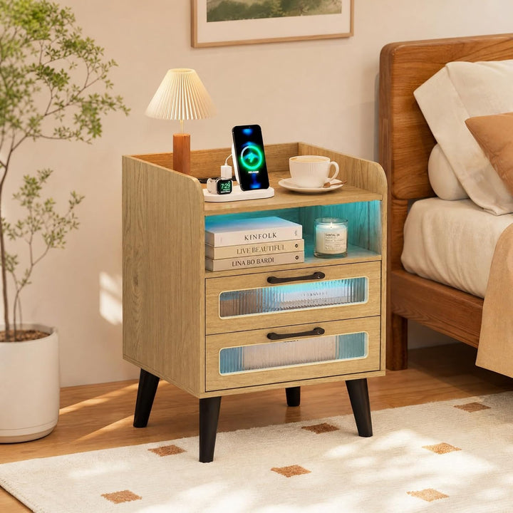 GIANTEX Fluted Nightstand with Charging Station &amp; LED Lights