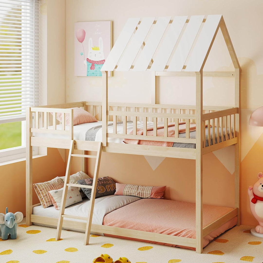 Twin Over Twin House Bunk Bed, Low Loft Bed Frame with Roof