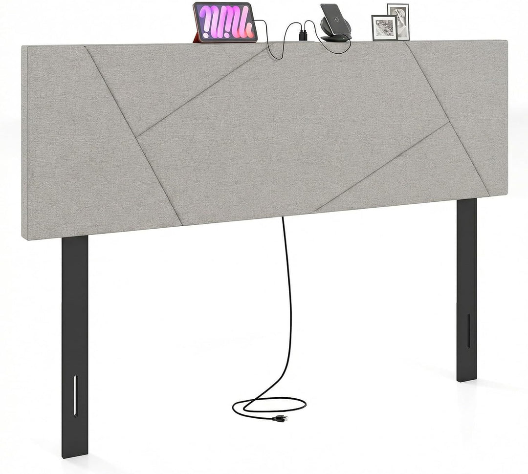 Giantex Geometric Upholstered Head Board with 2 AC Outlets for Queen and Full Size Bed