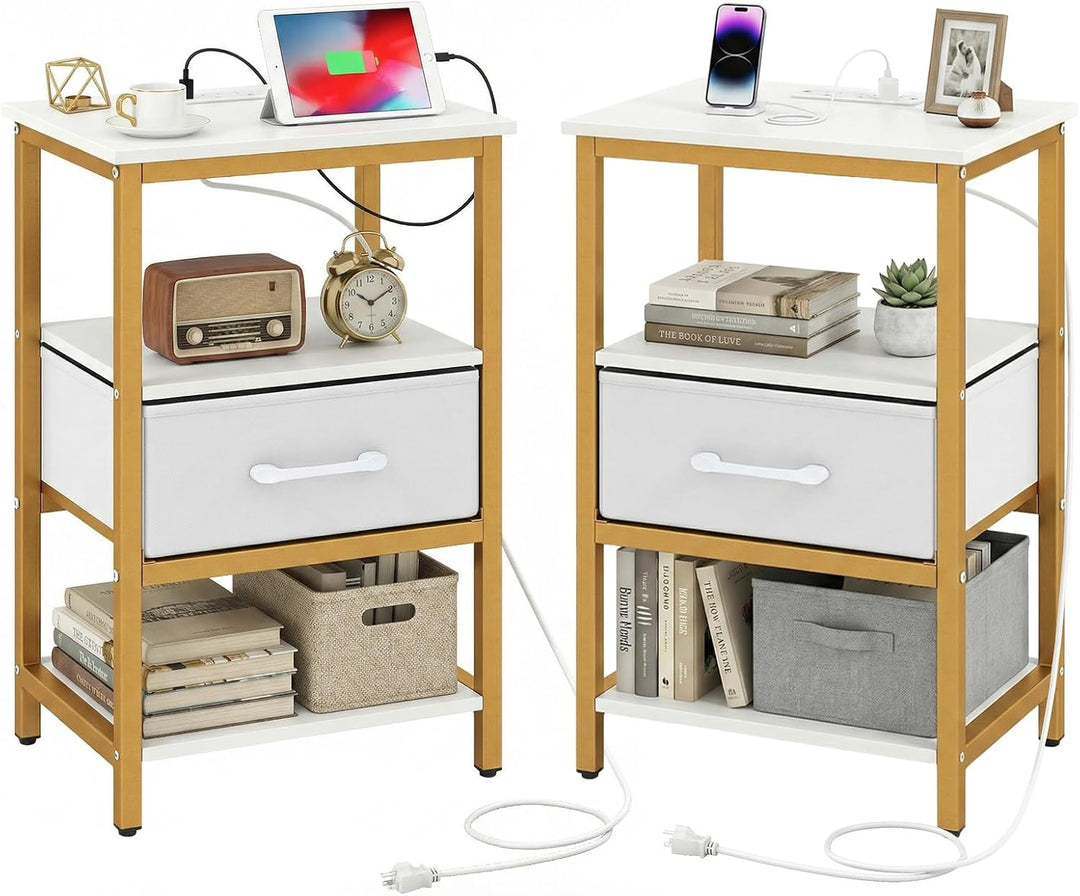 Giantex Nightstand with Charging Station and Adjustable Fabric Drawer for Bedroom and Living Room