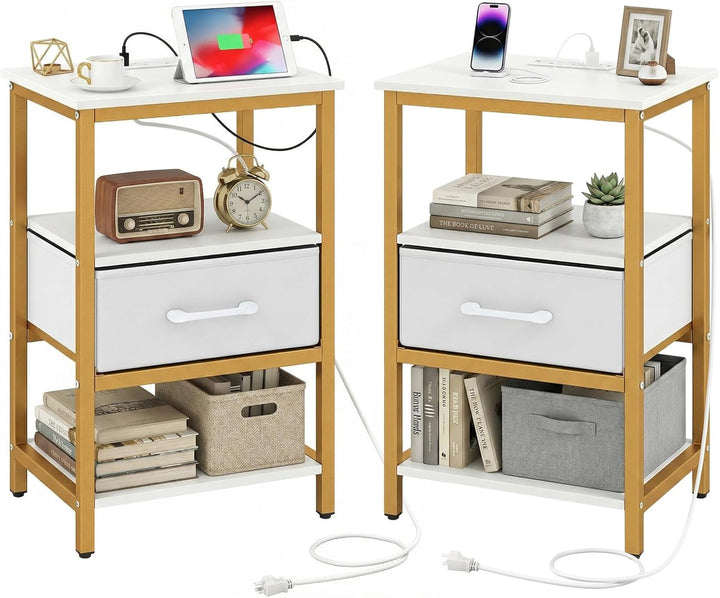Giantex Nightstand with Charging Station and Adjustable Fabric Drawer for Bedroom and Living Room