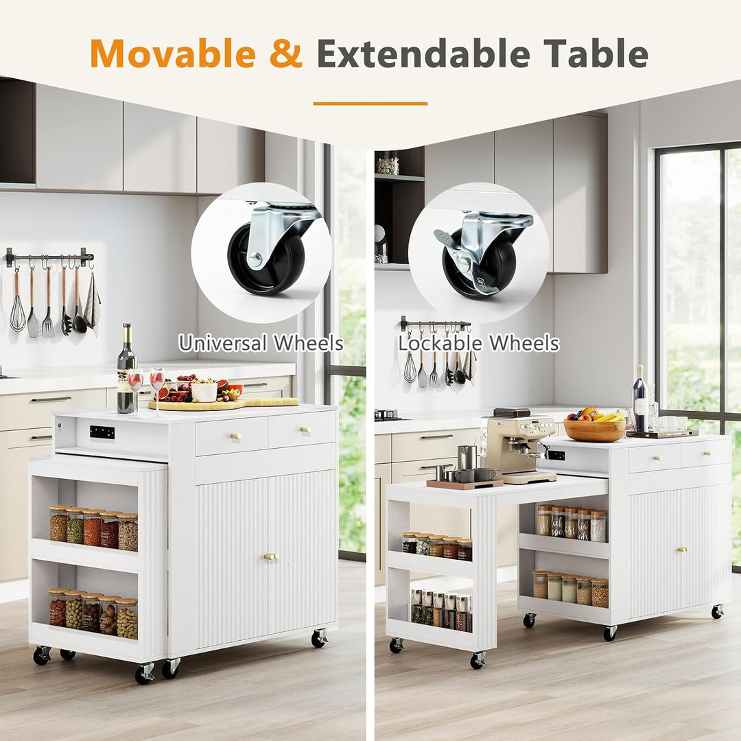 GIANTEX 72”-44.5” Extendable Kitchen Island with Storage, Power Outlet | Rolling Kitchen Island Table on Wheels w/Fluted Doors