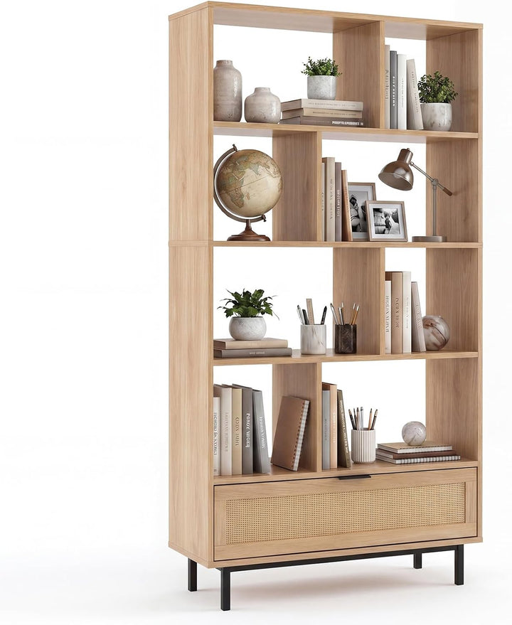 Giantex 64" Tall 6-Tier Wood Bookshelf with Rattan Drawer