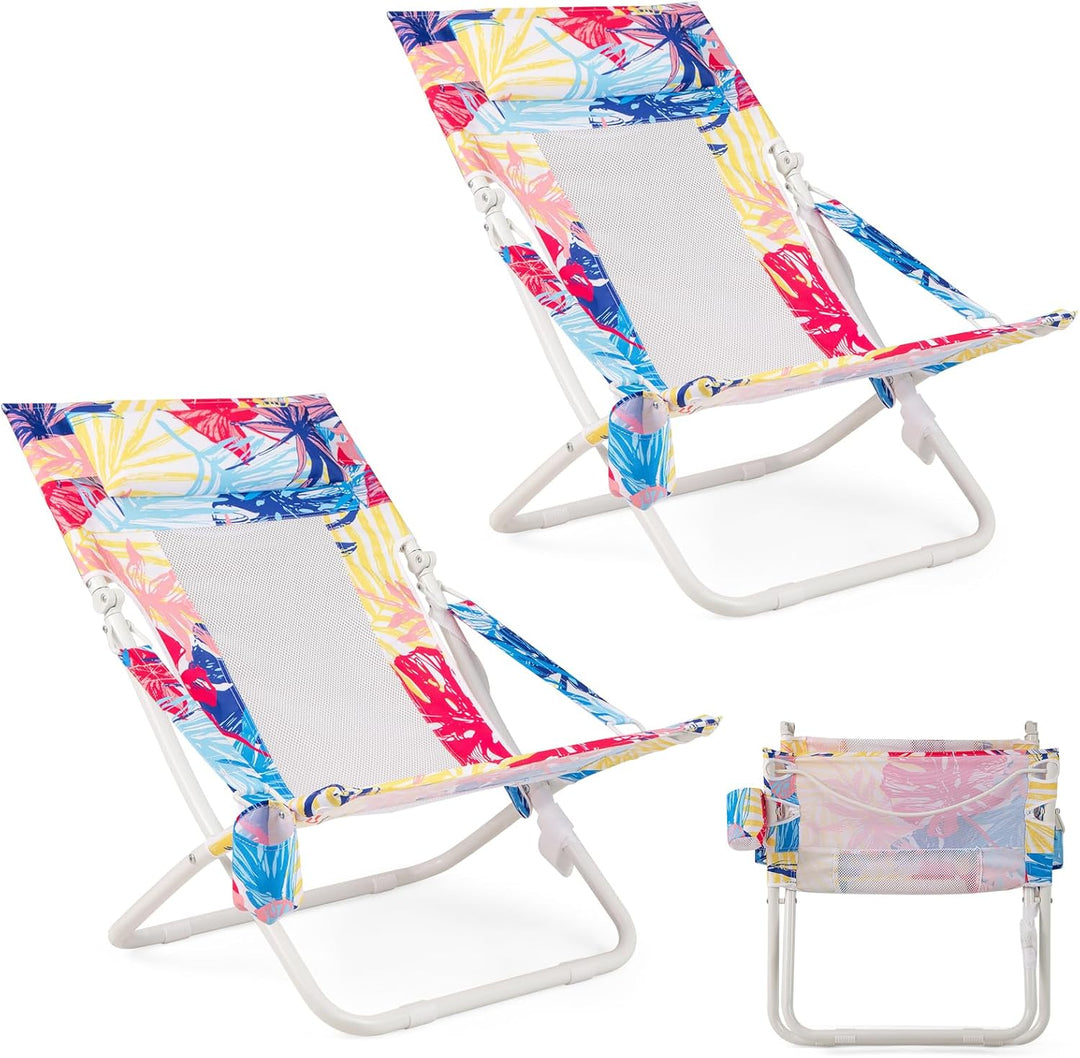 Giantex 2-Pack Low Lawn Chairs with Padded Head Pillow Mesh Back Cup Holder