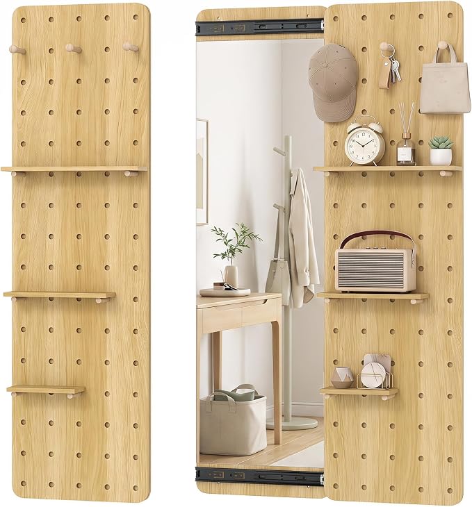 CHARMAID 55" Full Length Wall Mirror with Sliding Pegboard | Wall Mounted Entryway Mirror