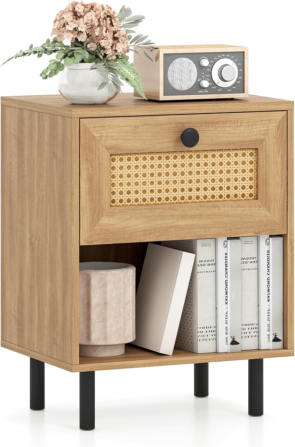 Giantex Rattan Nightstand Boho End Table with Rattan Drawer and Open Shelf