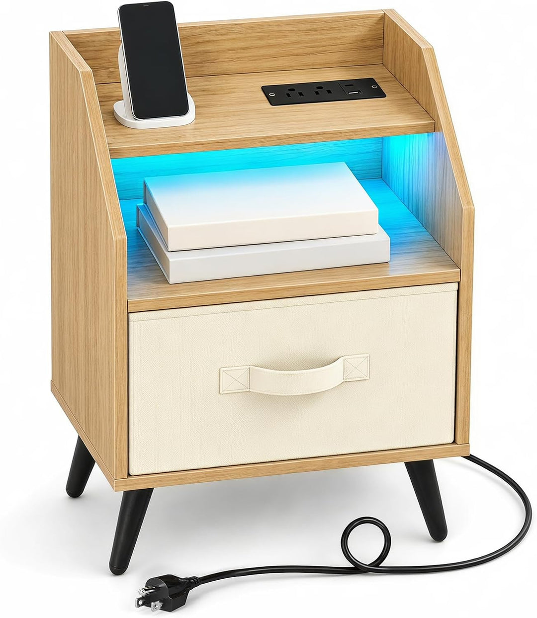 GIANTEX Modern LED Nightstand w/Charging Station &amp; Fabric Drawer