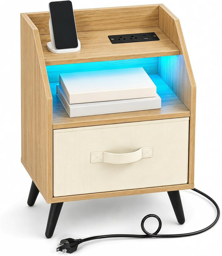 GIANTEX Modern LED Nightstand w/Charging Station &amp; Fabric Drawer