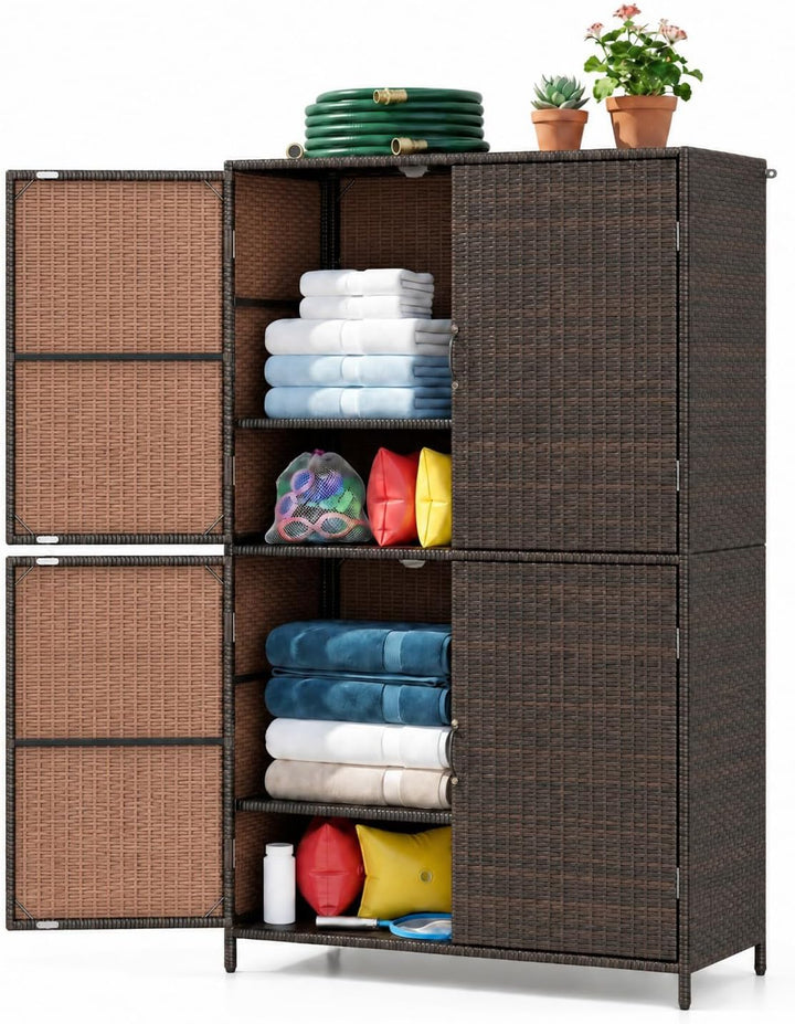 GIANTEX 4-Door Outdoor Storage Cabinet, PE Rattan Storage Shed