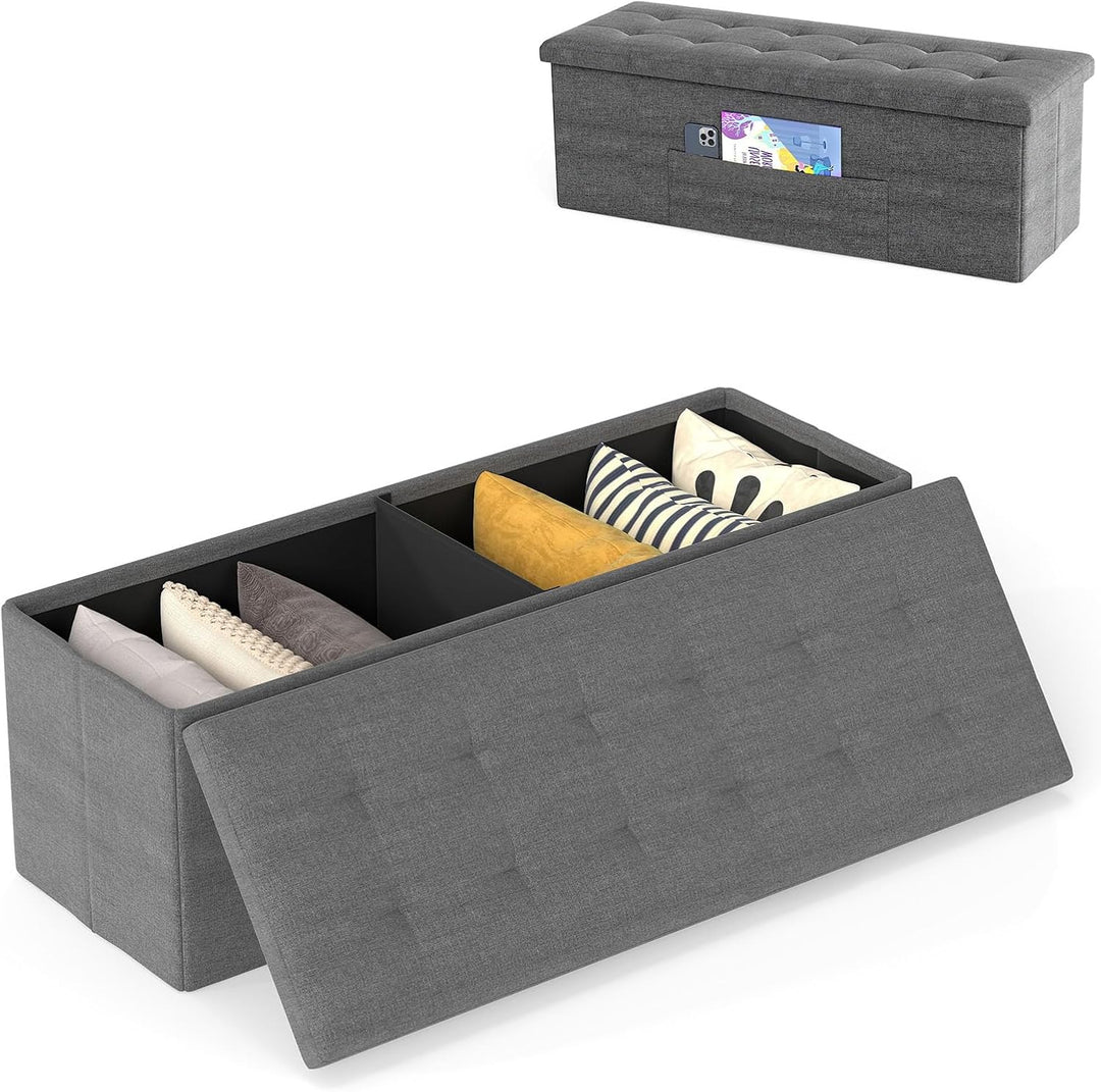 Giantex 43 Inches Folding Storage Ottoman Bench Upholstered Storage Chest with Side Pocket