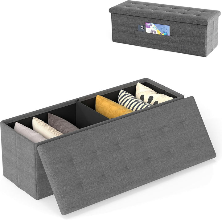 Giantex 43 Inches Folding Storage Ottoman Bench Upholstered Storage Chest with Side Pocket