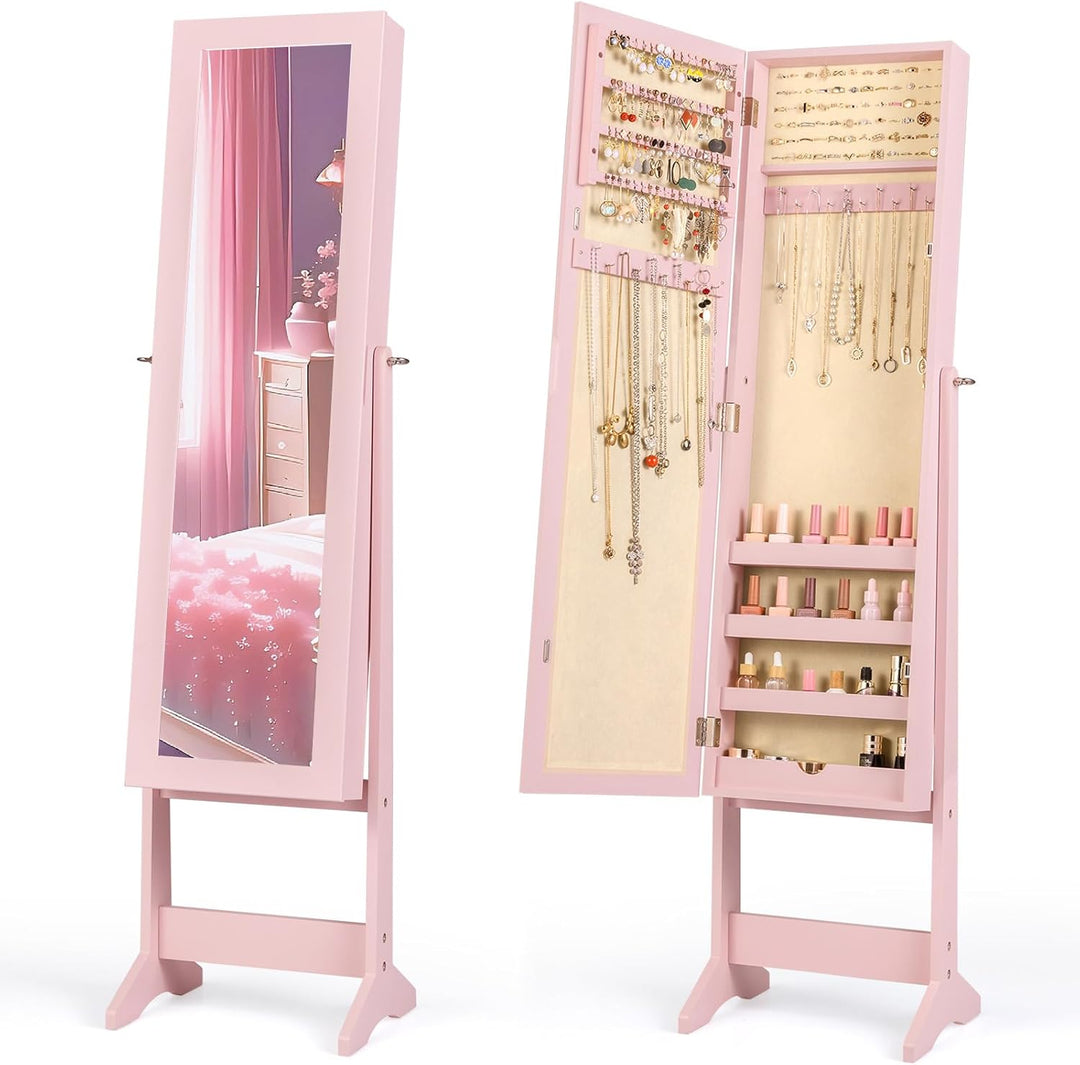 Jewelry Cabinet with Full-Length Mirror, Standing Jewelry Armoire Organizer