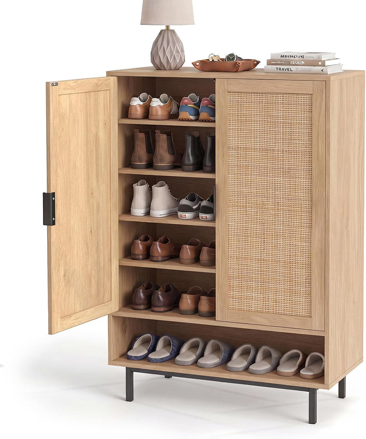 Giantex 6-Tier Shoe Cabinet, 43" Tall Hidden Shoe Storage w/Doors | Freestanding Wooden Shoe Storage Cabinet with Adjustable Shelves &amp; Open Compartment for Hallway Entryway Living Room &amp; Closet