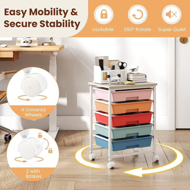 Giantex 5 Drawers Rolling Cart with Wheels, Wood Top, Sturdy Frame