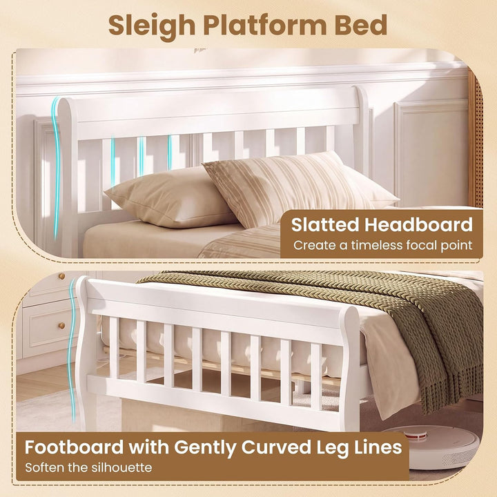 GIANTEX Wood Sleigh Bed Frame with Slatted Headboard &amp; Footboard
