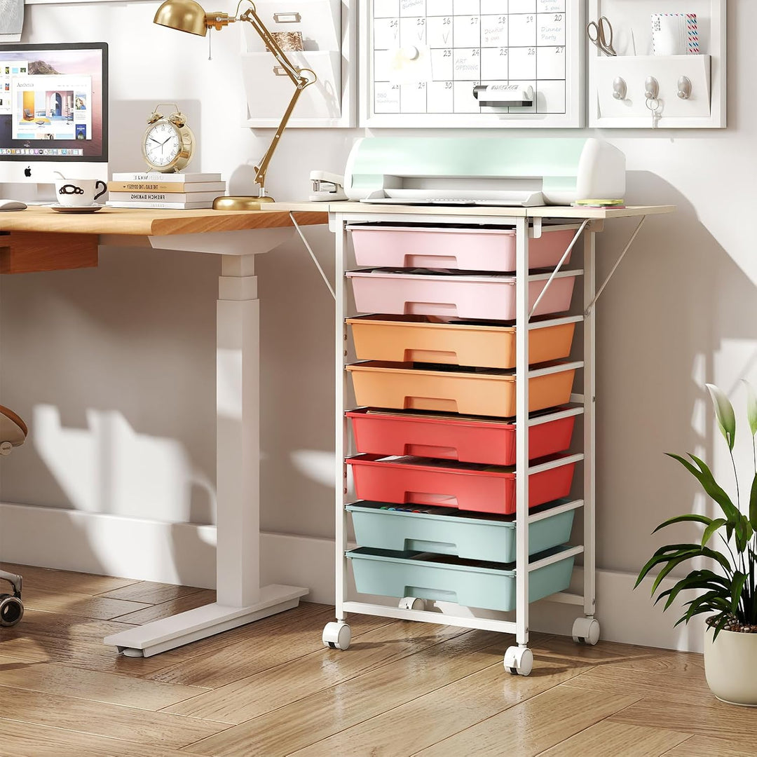 Giantex 8 Drawers Rolling Cart with Wheels, Folding Wood Top
