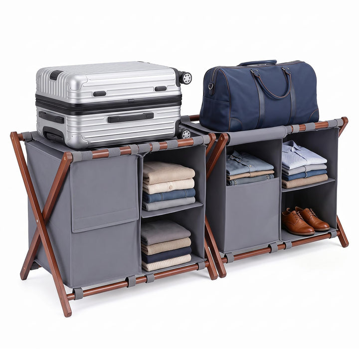 GIANTEX 27" Bamboo Luggage Rack with 3 Storage Compartments (1/2)