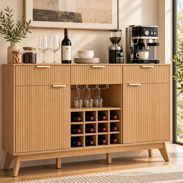 GIANTEX 60" Fluted Wine Bar Cabinet with 3 Stoarge Drawers &amp; Wine Rack Adjustable Shelves