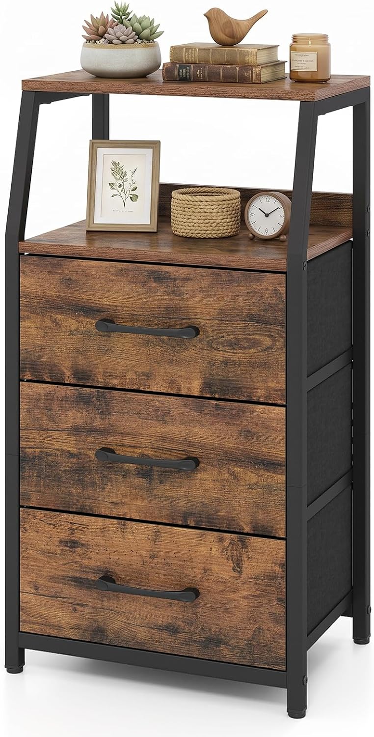 GIANTEX Industrial Nightstand Tall Dresser with 3 Fabric Drawers