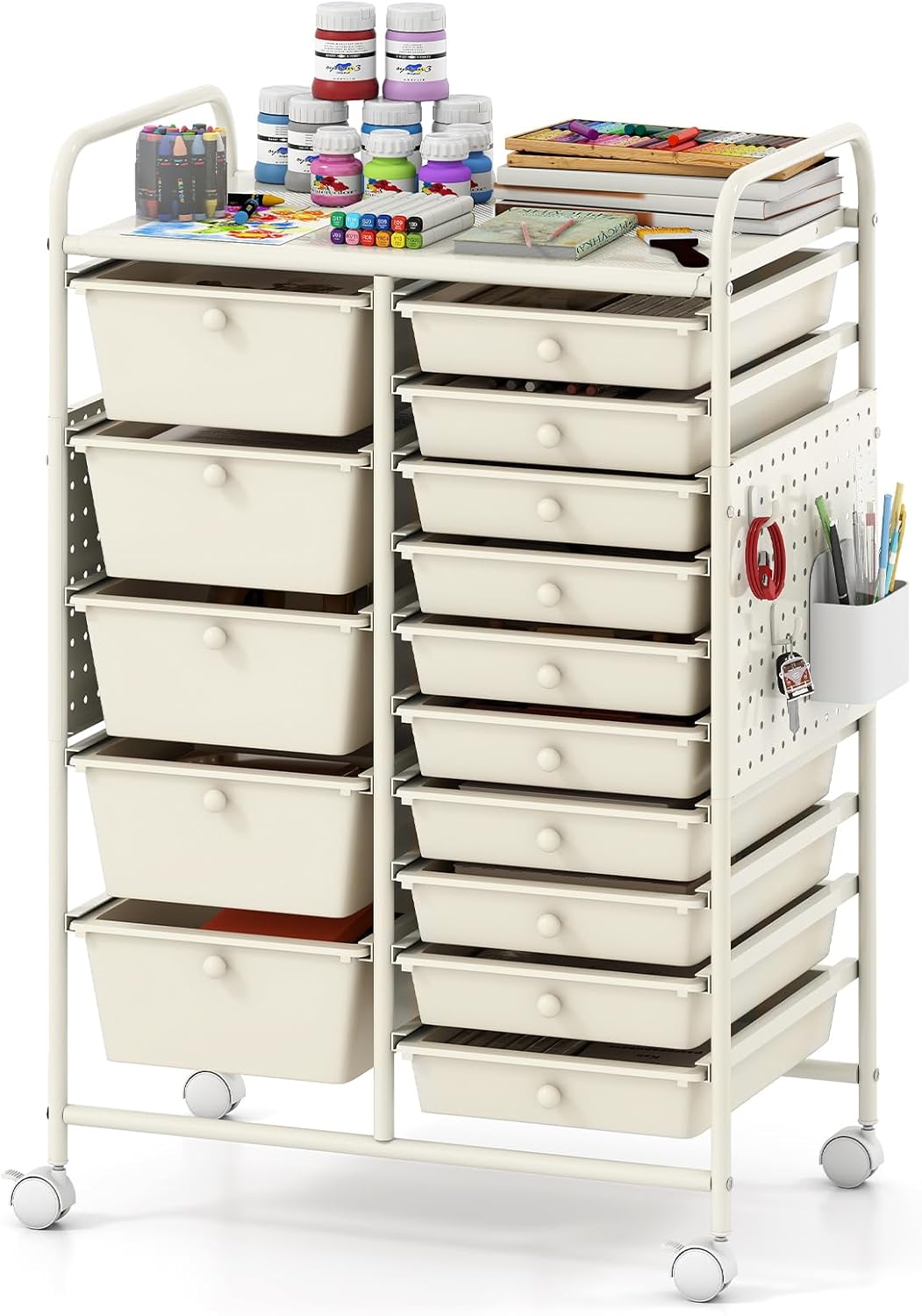 Giantex 15 Drawer Storage Cart | Rolling Craft Cart with Metal Tabletop &amp; Pegboard