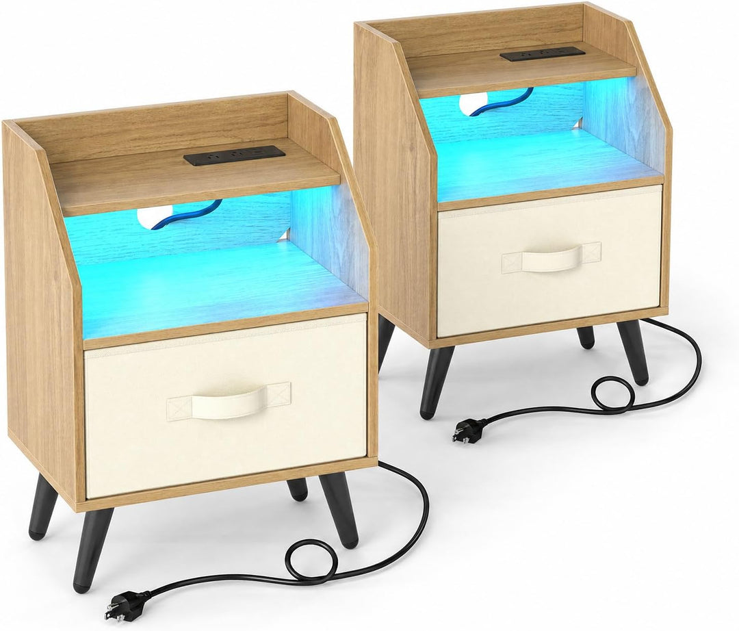 GIANTEX Modern LED Nightstand w/Charging Station &amp; Fabric Drawer