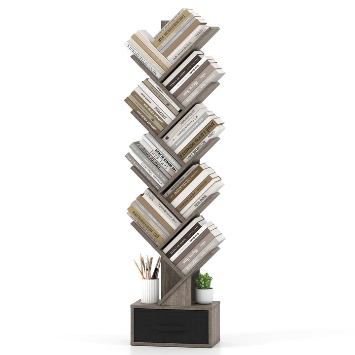 GIANTEX 9-Tier Tree Bookshelf | Tall Small Bookcase with Drawer
