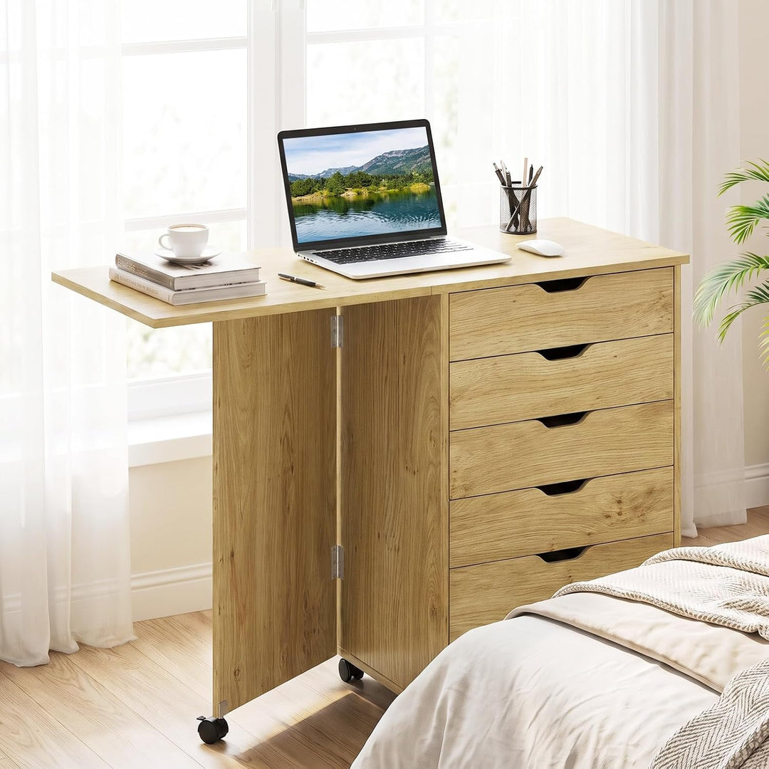 GIANTEX 5-Drawer Wood Drawer Cabinet Folding Desk with Wheels