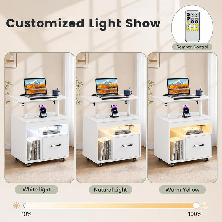 GIANTEX LED Nightstand with Charging Station, Rolling Bedside Table