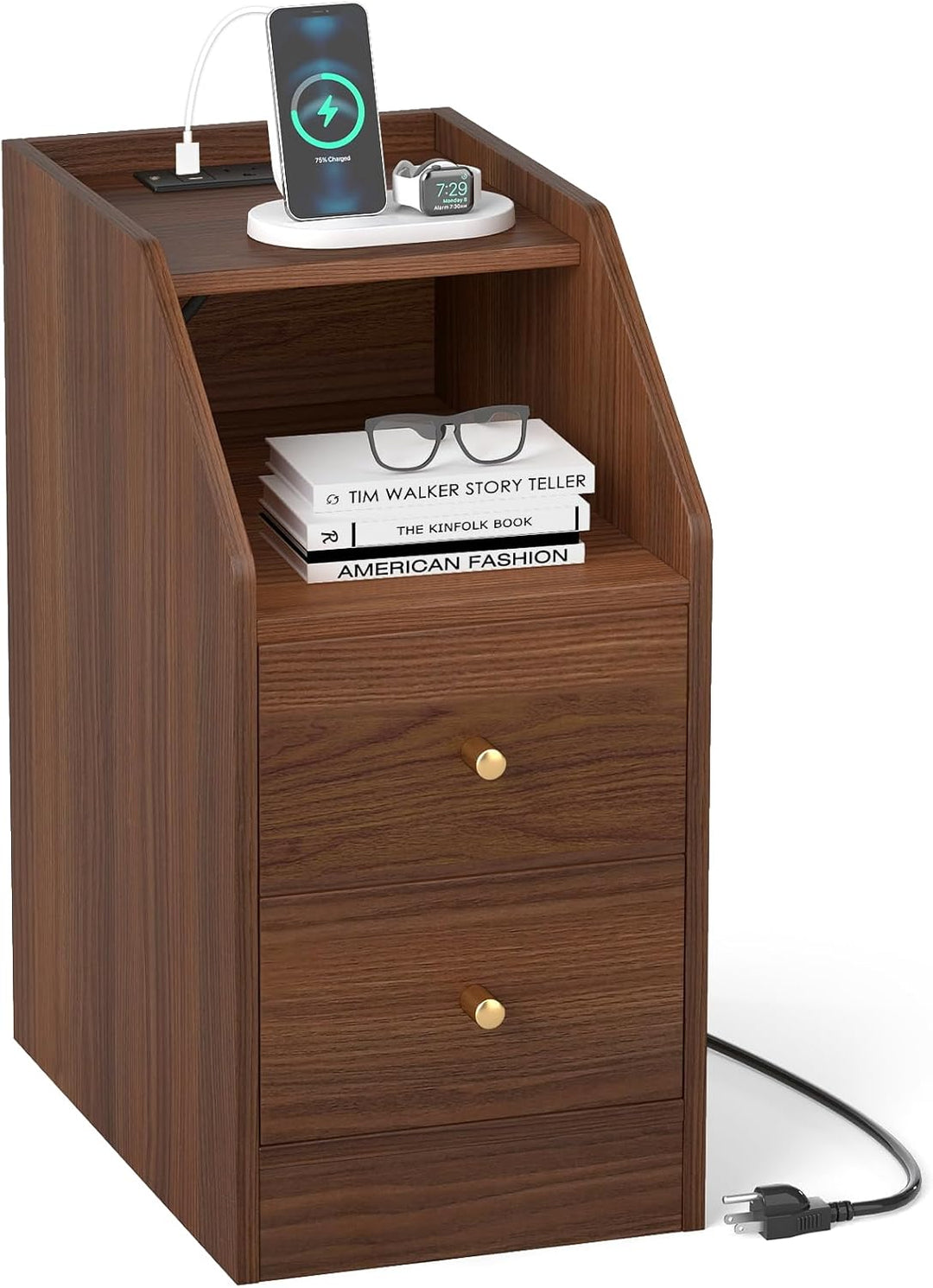 Giantex Side End Table with Charging Station Sofa Couch Table with Shelf Drawers