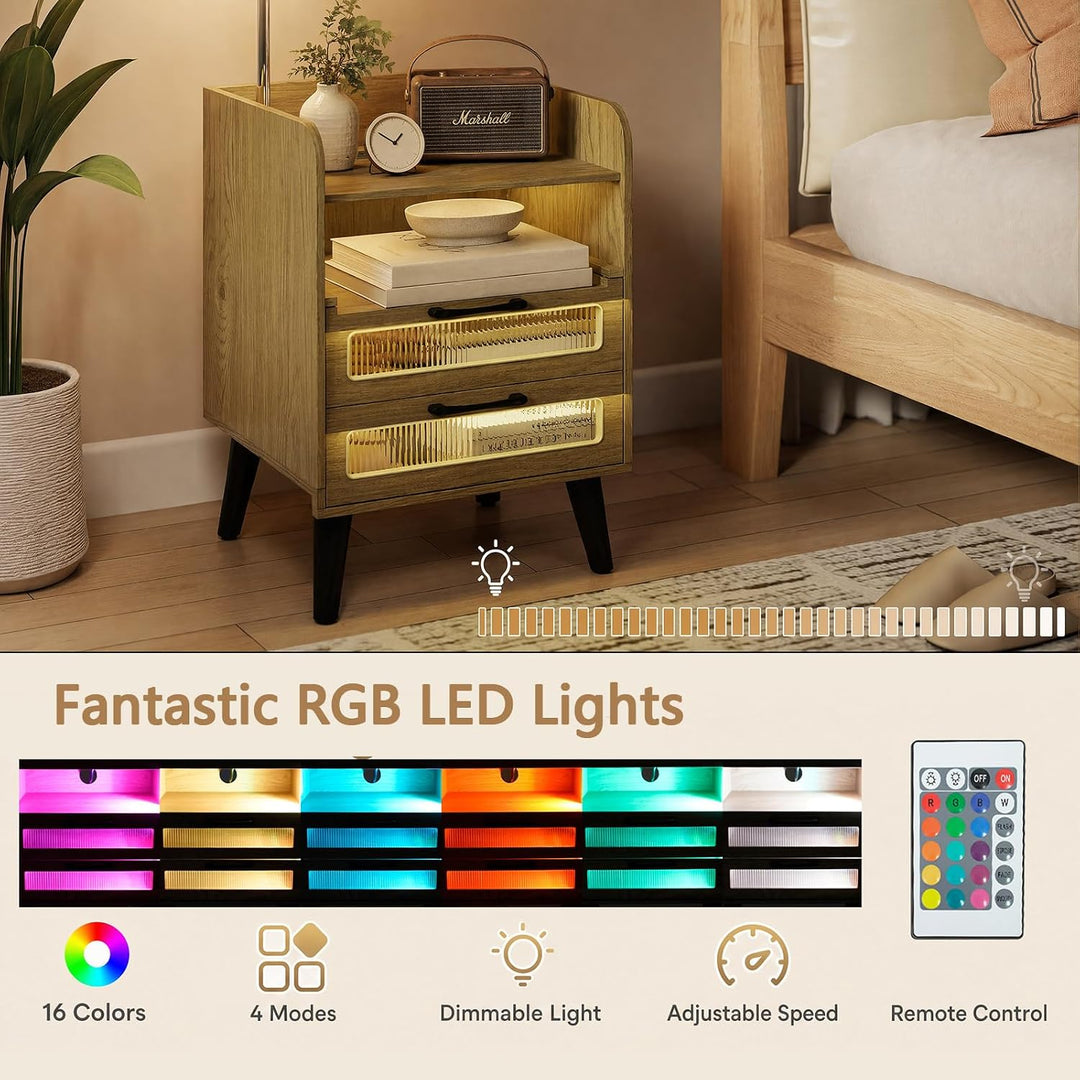 GIANTEX Fluted Nightstand with Charging Station &amp; LED Lights