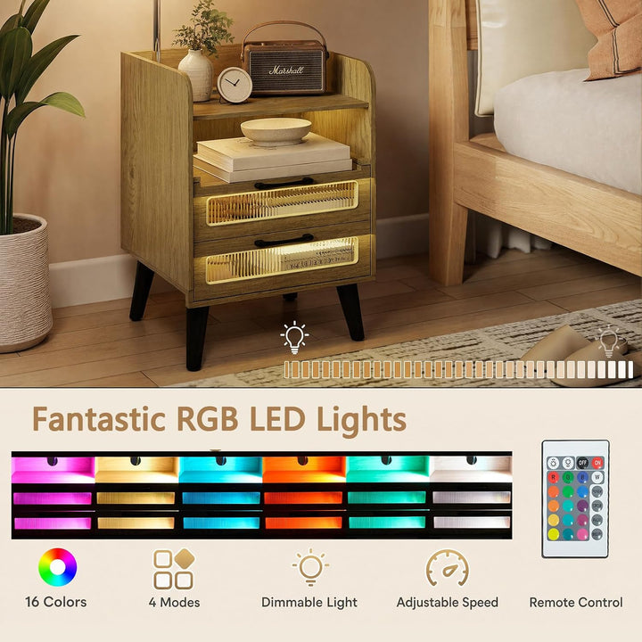 GIANTEX Fluted Nightstand with Charging Station &amp; LED Lights