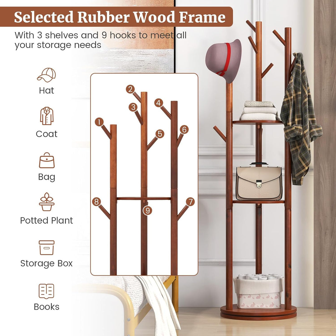 GIANTEX 9-Hook Rotary Coat Rack Freestanding Wooden Coat Tree